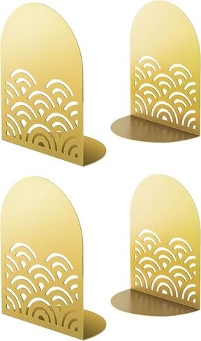 QiMing Ukiyoe Auspicious Clouds bookends للكتب، زوجان من حاملات الكتب المعدنية المتموجة لرفوف المكتب هدية للبالغين والأطفال (ذهبي * 2) in Kuwait