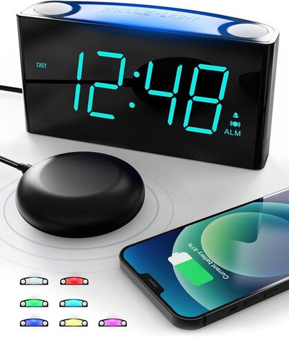 Rocam Digital Alarm Clock for Bedrooms - Large 7.5'' LED Display with Dimmer, Snooze, 7 Color Night Light, Easy to Set, USB Chargers, Battery Backup, 12/24 Hour for Kids,Heavy Sleepers(Blue) in Kuwait