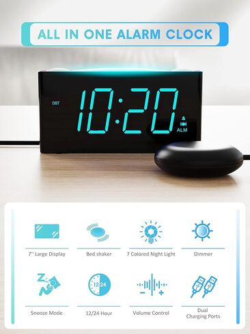 Rocam Digital Alarm Clock for Bedrooms - Large 7.5'' LED Display with Dimmer, Snooze, 7 Color Night Light, Easy to Set, USB Chargers, Battery Backup, 12/24 Hour for Kids,Heavy Sleepers(Blue) in Kuwait