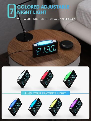 Rocam Digital Alarm Clock for Bedrooms - Large 7.5'' LED Display with Dimmer, Snooze, 7 Color Night Light, Easy to Set, USB Chargers, Battery Backup, 12/24 Hour for Kids,Heavy Sleepers(Blue) in Kuwait