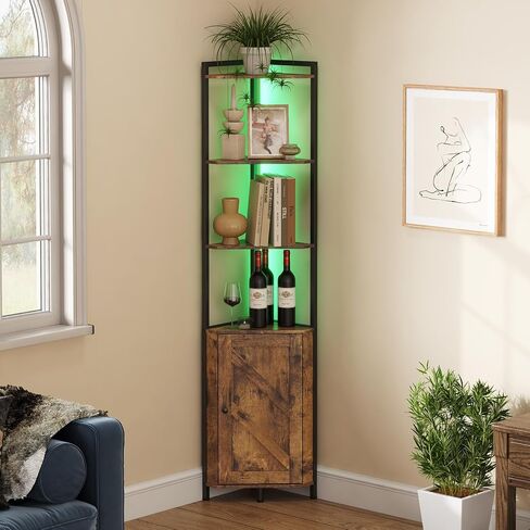 Lifewit Corner Shelf with LED, 5 Tier Corner Storage Cabinet with Doors, 68" Tall Corner Bookshelf Display Stand Rack for Living Room, Bedroom, Kitchen, Gaming Room, Small Space, Rustic Brown in Saudi Arabia