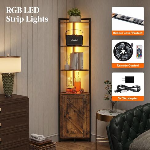 Lifewit Corner Shelf with LED, 5 Tier Corner Storage Cabinet with Doors, 68" Tall Corner Bookshelf Display Stand Rack for Living Room, Bedroom, Kitchen, Gaming Room, Small Space, Rustic Brown in Saudi Arabia