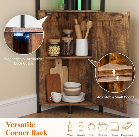 Lifewit Corner Shelf with LED, 5 Tier Corner Storage Cabinet with Doors, 68" Tall Corner Bookshelf Display Stand Rack for Living Room, Bedroom, Kitchen, Gaming Room, Small Space, Rustic Brown in Saudi Arabia