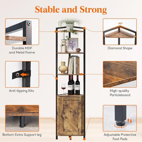 Lifewit Corner Shelf with LED, 5 Tier Corner Storage Cabinet with Doors, 68" Tall Corner Bookshelf Display Stand Rack for Living Room, Bedroom, Kitchen, Gaming Room, Small Space, Rustic Brown in Saudi Arabia