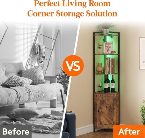 Lifewit Corner Shelf with LED, 5 Tier Corner Storage Cabinet with Doors, 68" Tall Corner Bookshelf Display Stand Rack for Living Room, Bedroom, Kitchen, Gaming Room, Small Space, Rustic Brown in Saudi Arabia