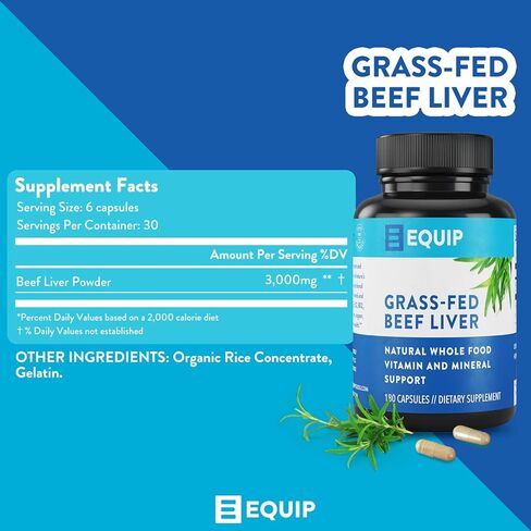 كبسولات كبد البقر التي تتغذى على العشب - مكمل طبيعي لكبد البقر المجفف - يدعم صحة القلب، وظائف المخ، الهضم، التمثيل الغذائي، المناعة، إزالة السموم -180 كبسولة in Kuwait