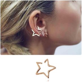 Yheakne Boho Star Cuff Earrings Silver Star Hoops Earrings Hollow Star Clip on Earrings No Piercing Earrings Jewelry for Women and Girls (Silver)