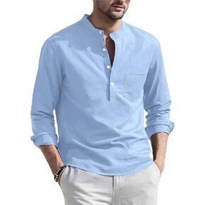 قميص Jacansi رجالي من الكتان Henley بأكمام طويلة كاجوال من القطن الهبي للشاطئ Henley in Kuwait