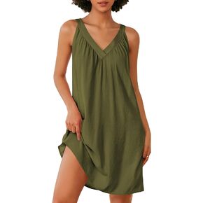Ekouaer Nightgown for Women Sleeveless Sleepwear Lightweight Racerback Sleep Shirt Pleated V Neck Night Dress Short Chemise