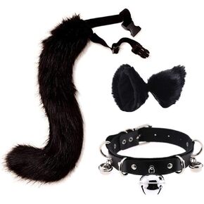 LittleLuluda Faux Fur Cat Ears Hair Clip Furry Wolf Fox Long Tail Costume Halloween Party Neck Chocker Cosplay Set (Black)