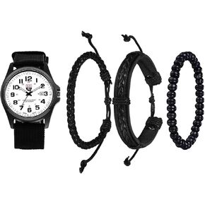 Avaner Men's Bracelet Watch Set, 4 Pcs Wrist Watch Bracelet Set, Military Nylon Strap Quartz Watch Black Leather Bracelets Set for Men in Saudi Arabia
