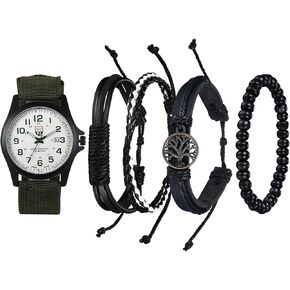 Avaner Men's Bracelet Watch Set, 4 Pcs Wrist Watch Bracelet Set, Military Nylon Strap Quartz Watch Black Leather Bracelets Set for Men in Saudi Arabia