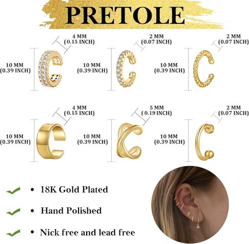 PRETOLE Ear Cuff Earrings for Women 14K Gold Plated Ear Cuff Earrings with Cubic Zirconia Clip On Fake Helix Cartilage Earring Non Pierced Cuff Earrings for Girls in Kuwait