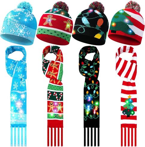 Suhine 8 Pcs Christmas LED Light Up Hats and Light Up Scarf Set 4 Christmas Beanie Colorful Knit Cap 4 Xmas LED Scarf for Adults Kids Party Birthday, 4 Styles in Saudi Arabia