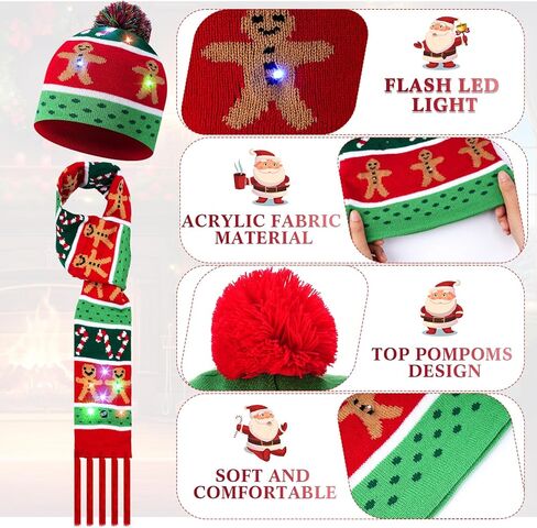 Suhine 8 Pcs Christmas LED Light Up Hats and Light Up Scarf Set 4 Christmas Beanie Colorful Knit Cap 4 Xmas LED Scarf for Adults Kids Party Birthday, 4 Styles in Saudi Arabia