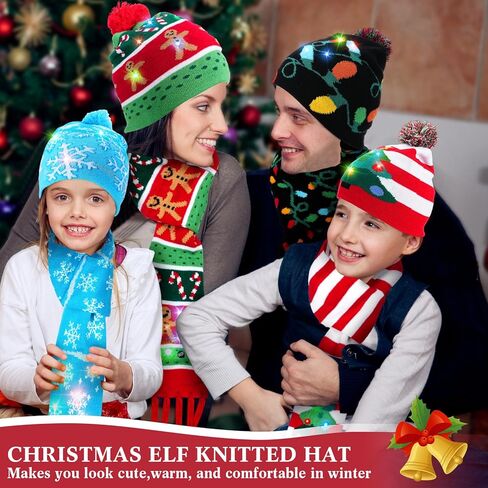 Suhine 8 Pcs Christmas LED Light Up Hats and Light Up Scarf Set 4 Christmas Beanie Colorful Knit Cap 4 Xmas LED Scarf for Adults Kids Party Birthday, 4 Styles in Saudi Arabia