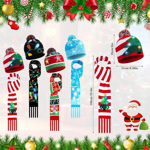 Suhine 8 Pcs Christmas LED Light Up Hats and Light Up Scarf Set 4 Christmas Beanie Colorful Knit Cap 4 Xmas LED Scarf for Adults Kids Party Birthday, 4 Styles in Saudi Arabia