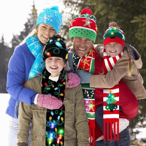 Suhine 8 Pcs Christmas LED Light Up Hats and Light Up Scarf Set 4 Christmas Beanie Colorful Knit Cap 4 Xmas LED Scarf for Adults Kids Party Birthday, 4 Styles in Saudi Arabia