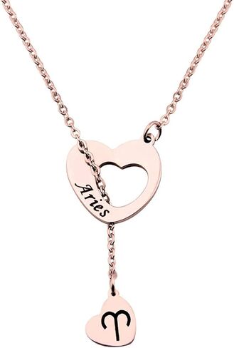 ENSIANTH Rose Gold Zodiac Signs Heart Necklace Stainless Steel Lariat Y Necklace Best Birthday Gift in Kuwait