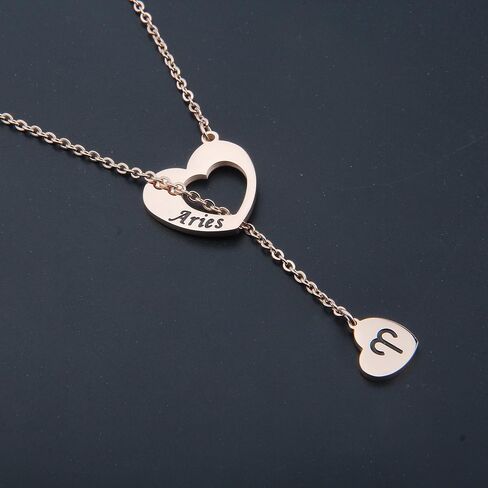 ENSIANTH Rose Gold Zodiac Signs Heart Necklace Stainless Steel Lariat Y Necklace Best Birthday Gift in Kuwait