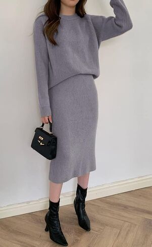 chouyatou Women's Two Piece Sweater Skirt Sets Knit Sweater Top Bodycon Skirt 2 Piece Outfits in Kuwait