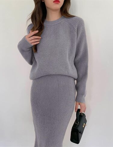 chouyatou Women's Two Piece Sweater Skirt Sets Knit Sweater Top Bodycon Skirt 2 Piece Outfits in Kuwait