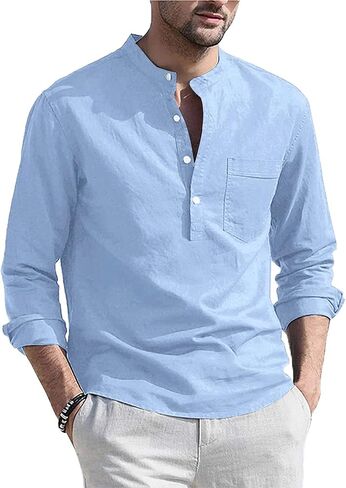 قميص Jacansi رجالي من الكتان Henley بأكمام طويلة كاجوال من القطن الهبي للشاطئ Henley in Kuwait