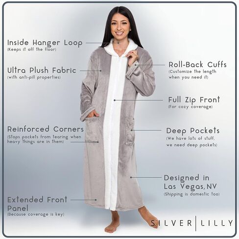 رداء نسائي من صوف الشيربا من Silver Lilly بسحاب - معطف منزلي طويل فاخر in Kuwait