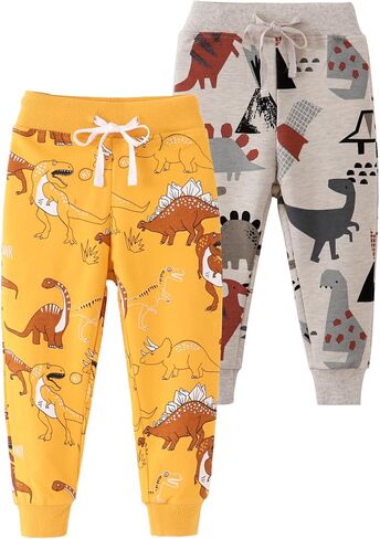Toddler Baby Boy's Cartoon Print Dinosaur Car Animal Cotton Pants Drawstring Elastic Sweatpant(2-Pack 3-Pack) in Kuwait