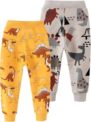 Toddler Baby Boy's Cartoon Print Dinosaur Car Animal Cotton Pants Drawstring Elastic Sweatpant(2-Pack 3-Pack) in Kuwait