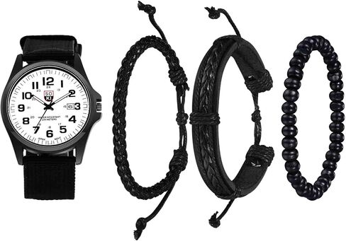 Avaner Men's Bracelet Watch Set, 4 Pcs Wrist Watch Bracelet Set, Military Nylon Strap Quartz Watch Black Leather Bracelets Set for Men in Kuwait
