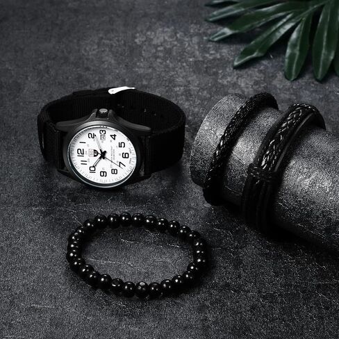 Avaner Men's Bracelet Watch Set, 4 Pcs Wrist Watch Bracelet Set, Military Nylon Strap Quartz Watch Black Leather Bracelets Set for Men in Kuwait