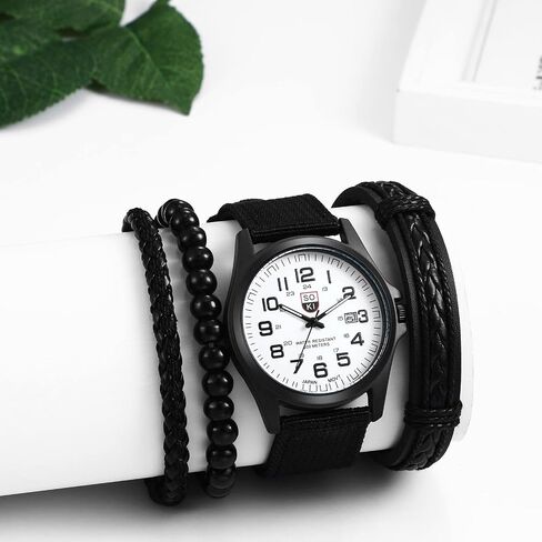 Avaner Men's Bracelet Watch Set, 4 Pcs Wrist Watch Bracelet Set, Military Nylon Strap Quartz Watch Black Leather Bracelets Set for Men in Kuwait