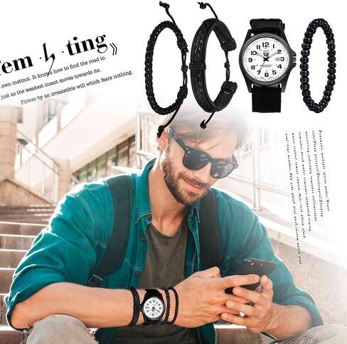 Avaner Men's Bracelet Watch Set, 4 Pcs Wrist Watch Bracelet Set, Military Nylon Strap Quartz Watch Black Leather Bracelets Set for Men in Kuwait