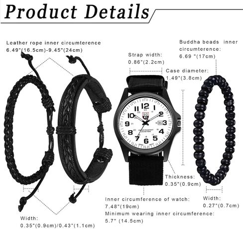 Avaner Men's Bracelet Watch Set, 4 Pcs Wrist Watch Bracelet Set, Military Nylon Strap Quartz Watch Black Leather Bracelets Set for Men in Kuwait