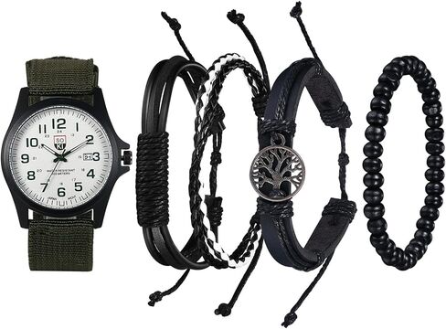 Avaner Men's Bracelet Watch Set, 4 Pcs Wrist Watch Bracelet Set, Military Nylon Strap Quartz Watch Black Leather Bracelets Set for Men in Saudi Arabia