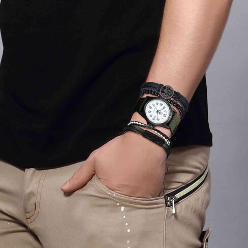Avaner Men's Bracelet Watch Set, 4 Pcs Wrist Watch Bracelet Set, Military Nylon Strap Quartz Watch Black Leather Bracelets Set for Men in Saudi Arabia