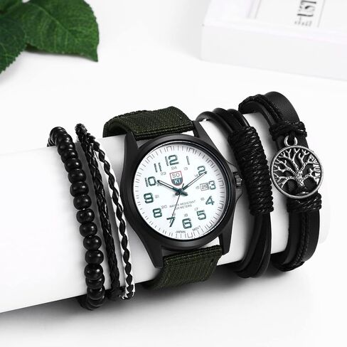 Avaner Men's Bracelet Watch Set, 4 Pcs Wrist Watch Bracelet Set, Military Nylon Strap Quartz Watch Black Leather Bracelets Set for Men in Saudi Arabia