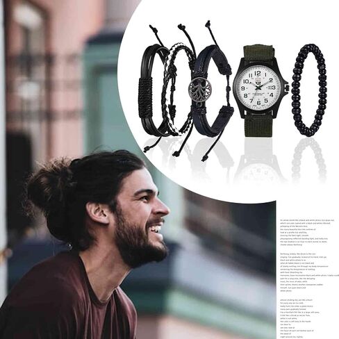Avaner Men's Bracelet Watch Set, 4 Pcs Wrist Watch Bracelet Set, Military Nylon Strap Quartz Watch Black Leather Bracelets Set for Men in Saudi Arabia