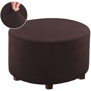 Round Ottoman Slipcover Polyester Blend Footstool Protector Covers Stretch with Elastic Bottom Feature Textured Machine Washable Jacquard Fabric (Beige, Medium Size)