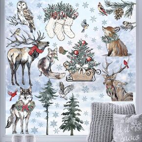 Mfault Winter Wonderland Woodland Animals Window Clings 4 Sheets, Forest Bear Fox Deer Wolf Rabbit Stickers Decals Decorations, Pine Tree Pine Cone Red Berry Snowflake Christmas Home Kitchen Decor in Kuwait