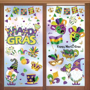 Whaline Mardi Gras Window Clings Mardi Gras Gnome Clown Window Decals Reusable Purple Green Yellow PVC Stickers for Carnival Party Home Office Window Glass Mirror Decoration Supplies, 8 Sheet in Saudi Arabia