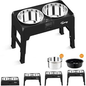 Toozey Elevated Dog Bowls, with 3 Extra Large Capacity Dog Food Bowls, 4 Heights Adjustable Raised Dog Bowl Spill-Proof with Raised Outer Rim, Catchment Drawer Design for Large Medium Small Dogs-Balck
