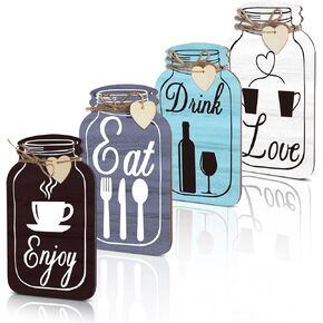 4 قطع من Yalikop ديكور جدار المطبخ الخشبي تناول المشروبات واستمتع بالحب الخشبي على شكل جرة ميسون على شكل جرة خشبية ريفية لديكور المنزل والمطبخ وغرفة الطعام (رمادي، أبيض، أزرق، بني داكن، طراز قديم) in Kuwait