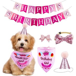 GAGILAND Dog Birthday Party Supplies Bandana Hat Banner Set Boy Girl Cute Bow Tie Scarf Dog Birthday Decorations (Pink，Dog Girl)