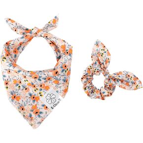 E-Clover Dog Bandanas & Matching Scrunchie Set Girl Flower Dog Scarf Bibs Pet Bandana with Bow Tie for Small Dogs Puppy Owner Fall
