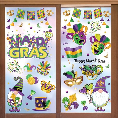 Whaline Mardi Gras Window Clings Mardi Gras Gnome Clown Window Decals Reusable Purple Green Yellow PVC Stickers for Carnival Party Home Office Window Glass Mirror Decoration Supplies, 8 Sheet in Saudi Arabia
