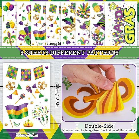Whaline Mardi Gras Window Clings Mardi Gras Gnome Clown Window Decals Reusable Purple Green Yellow PVC Stickers for Carnival Party Home Office Window Glass Mirror Decoration Supplies, 8 Sheet in Saudi Arabia