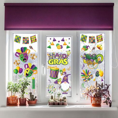 Whaline Mardi Gras Window Clings Mardi Gras Gnome Clown Window Decals Reusable Purple Green Yellow PVC Stickers for Carnival Party Home Office Window Glass Mirror Decoration Supplies, 8 Sheet in Saudi Arabia