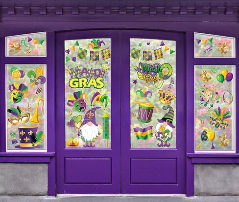 Whaline Mardi Gras Window Clings Mardi Gras Gnome Clown Window Decals Reusable Purple Green Yellow PVC Stickers for Carnival Party Home Office Window Glass Mirror Decoration Supplies, 8 Sheet in Saudi Arabia